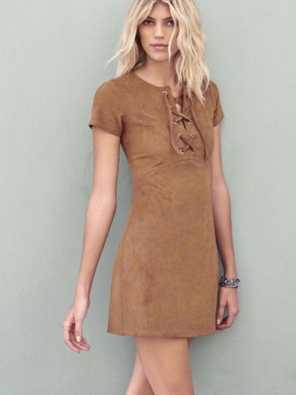 Express Brown Lace-Up Suede Dress